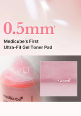 Medicube ultra-fit gel toner pad with 0.5mm thickness label on a pink background
