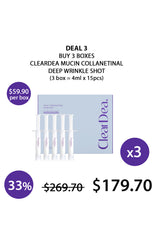 Promotional offer for ClearDea mucin collanetinal deep wrinkle shot with packaging and pricing details.