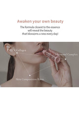 Product being applied to lips with text about awakening beauty and skin composition.