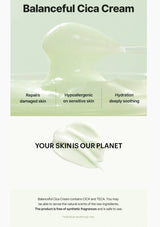 Balanceful Cica Cream packaging with text highlighting benefits on a light green background