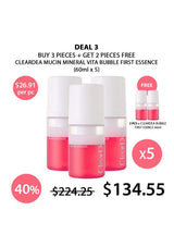 Promotional offer for Cleardea mucin mineral vita bubble first essence with pricing and quantity details.