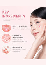 Product advertisement with key ingredients for skincare, featuring a woman applying cream to her face.