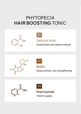 Hair boosting tonic ingredients with chemical structures and descriptions on a light gray background
