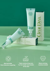 Clear Dea. Milani Retinol Cream skincare set featuring a white tube, a box, and a small applicator bottle arranged on a light green surface against a dark green background, with three feature icons and text at the bottom.