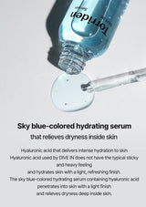 Toriden DIVE IN sky blue-colored hydrating serum being applied with a dropper on a white background.