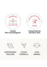 Product certification icons for acneprone skin, sensitive skin irritation, non-comedogenic, safe for sensitive skin, sustainable package, clean formula, and animal love on a white background.