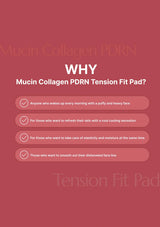 Promotional text for Mucin Collagen PDRN Tension Fit Pad on a red background