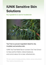 IUNIK Sensitive Skin Solutions advertisement with tea tree image and text.