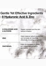 Product label with ingredients list featuring Hyaluronic Acid, Zinc, and Panthenol on a marble background.