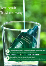 Molvany serum bottle being poured into a glass with a green blurred background