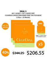 ClearDea green tangerine pore tok-tok mask packaging with promotional text on a white background