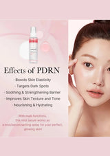 Skincare product with a woman applying it, featuring text about PDRN's effects on skin.