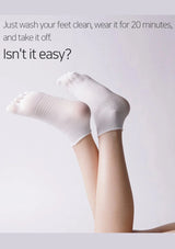 White socks worn with feet visible on a light gray background