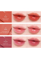Lipstick shades displayed on a person's lips with color names and descriptions.