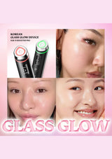 Korean glass glow device with close-up of a person's face showing glowing skin.