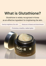 AGE-R skincare cream jar with text about glutathione benefits on a beige background