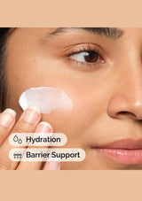 Person applying cream to their face with text 'Hydration' and 'Barrier Support'.