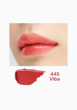 Lipstick shade 445 Vibe shown on lips with a swatch below.