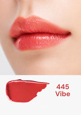 Lipstick shade 445 Vibe shown on lips with a swatch below.