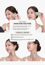 Woman using a skincare device with text on a white background