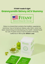 Fitany Grannysmith Skinny ACV Gummy packaging with green apples and gummies on a light green background.