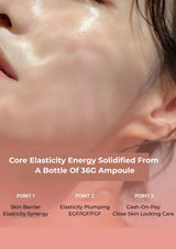 Close-up of a person's face with a glossy, hydrated complexion, overlaid with marketing text about a 36G ampoule product and three benefit points.