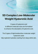 Product packaging with text about 5D Complex Low-Molecular Weight Hyaluronic Acid on a light blue background.