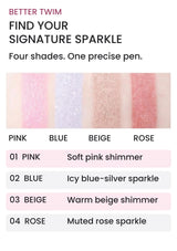 MERRYMONDE Better Twim glitter swatches in Pink, Blue, Beige and Rose