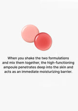 Two pink ampoules with text explaining their moisturizing properties on a white background