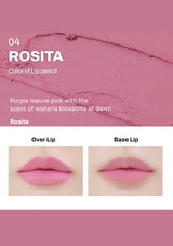 Lip color swatch with 'Rosita' shade, description, and application examples on a pink background.