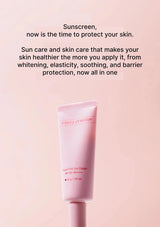 Tube of sunscreen with promotional text on a pink background