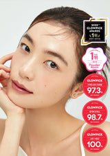 Woman with a clean face, surrounded by glowing product ratings on a white background