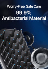 Black hairbrush with blue bristle tips on a dark background with text about antibacterial material.