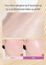 Before and after comparison of a face with text about professional makeup artist effect.