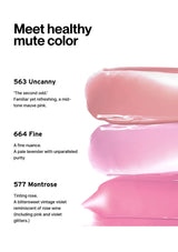 Lipstick shades 563 Uncanny, 664 Fine, and 577 Montrose with descriptions on a white background.