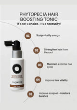 Phytopecia hair boosting tonic with benefits listed on a white background