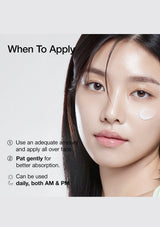 Woman applying a skincare product with text on how to use it
