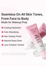 MedicoJube No Cast Just Dew TFE Primer in a pink and white squeeze tube, shown alongside a second tube and a drop of white cream on a white background with promotional text.