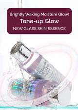 Glass skin essence bottles with a glowing effect and text about a 'Tone-up Glow' product.