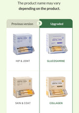 Comparison of dental chew product packaging for different health focuses on a green background.