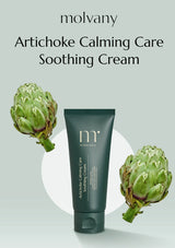 Molvany Artichoke Calming Care Soothing Cream with artichoke plant on a light gray background
