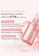 Pink skincare product with text highlighting collagen, hyaluronic acid, and peptide benefits on a light pink background.