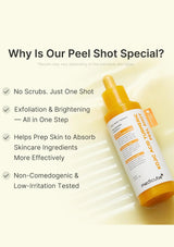Medicube Kojic Acid Tumor Necrosis Inhibitor Peel Shot bottle shown on a pale cream background with marketing text listing benefits like no scrubs, exfoliation and brightening, and non-comedogenic testing.