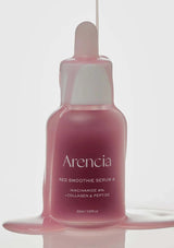 Pink serum bottle with dropper labeled 'Arencia' on a white background