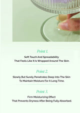 Product application with text highlighting moisturizing effects on a light green background