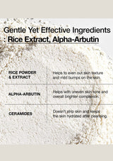 Product label with rice extract, alpha-arbutin, and ceramides on a textured background