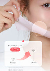 Person using a skincare product on their ear with a before and after elasticity change rate display.