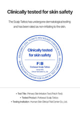 Certification label for scalp tattoo safety testing on a white background