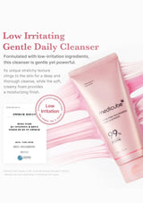 MediCube 99% Pink Cleanser tube in a soft pink packaging, displayed alongside a Korean certification badge and descriptive marketing text on a white background with pink liquid swirls.