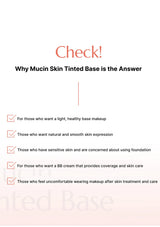 A promotional text graphic for Mucin Skin Tinted Base on a white background, with the heading 'Check!' in coral and a list of benefits with checkmarks.